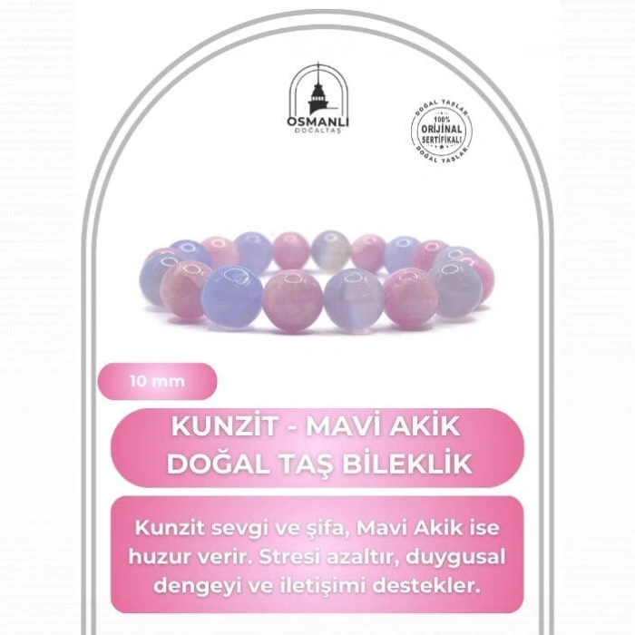 Sertifikalı Hakiki Orijinal Kunzit - Mavi Akik Doğal Taş 10mm Misinalı Bileklik