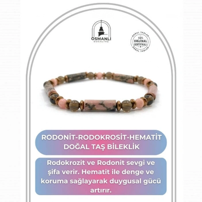 Sertifikalı Hakiki Rodonit-Rodokrozit-Hematit Doğal Taş Bileklik
