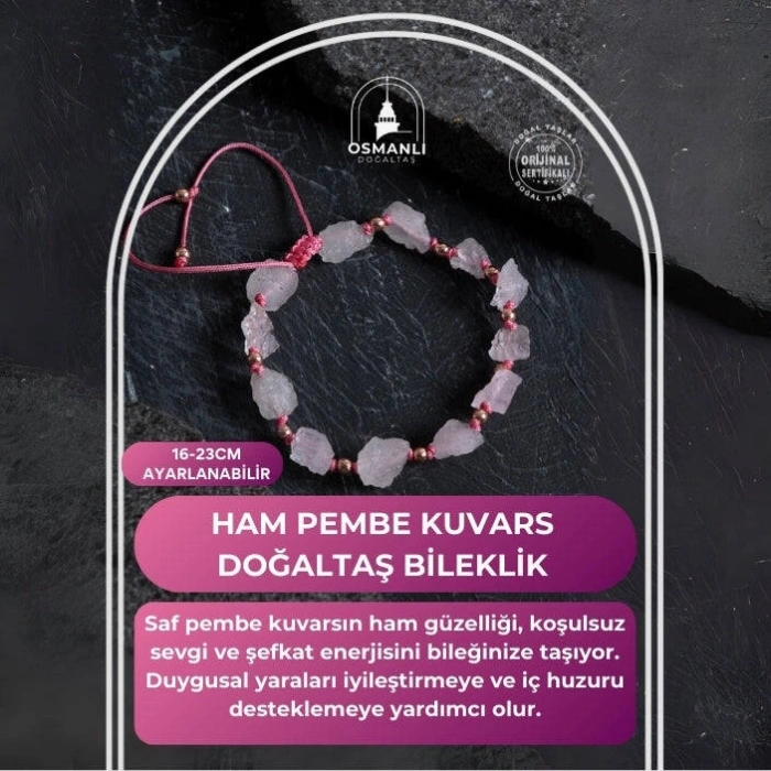 Sertifikalı Ham Pembe Kuvars Doğaltaş Bileklik