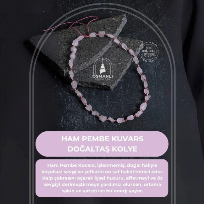 Sertifikalı Ham Pembe Kuvars Doğaltaş Kolye