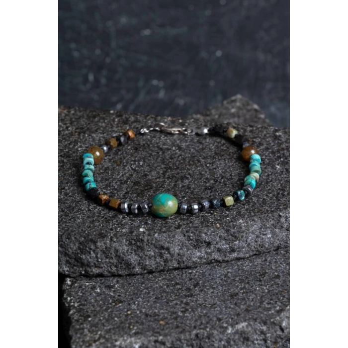 Sertifikalı Hematit-Afrika Furize (Turkuaz) Doğal Taş Bileklik Gümüş Aparatlı SK: 036