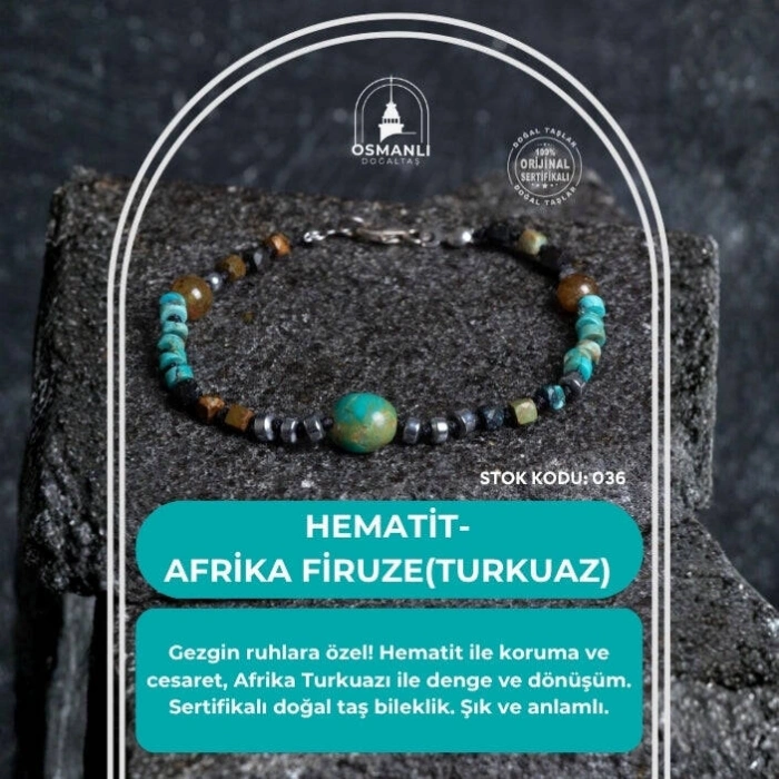 Sertifikalı Hematit-Afrika Furize (Turkuaz) Doğal Taş Bileklik Gümüş Aparatlı SK: 036