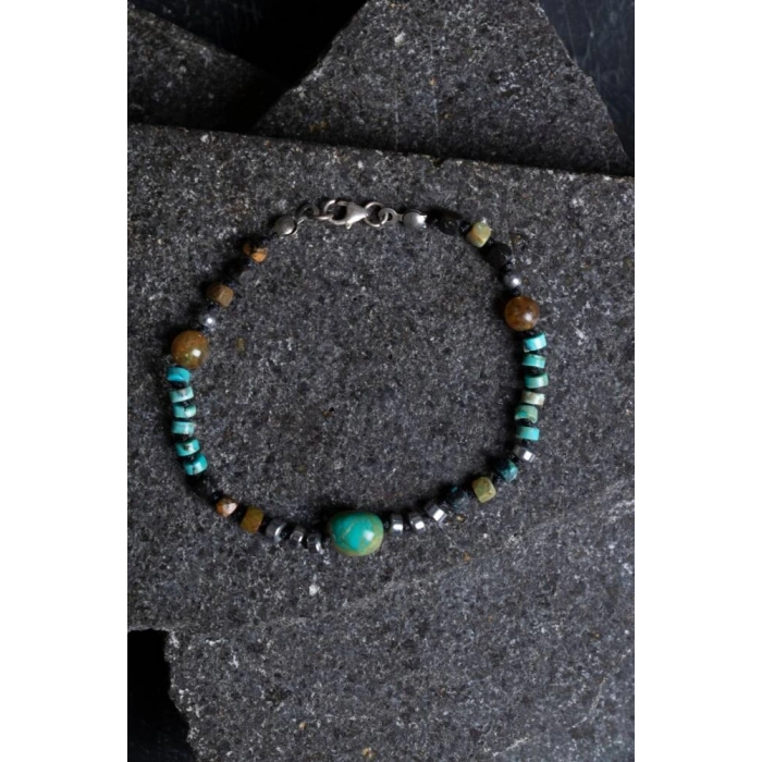 Sertifikalı Hematit-Afrika Furize (Turkuaz) Doğal Taş Bileklik Gümüş Aparatlı SK: 036
