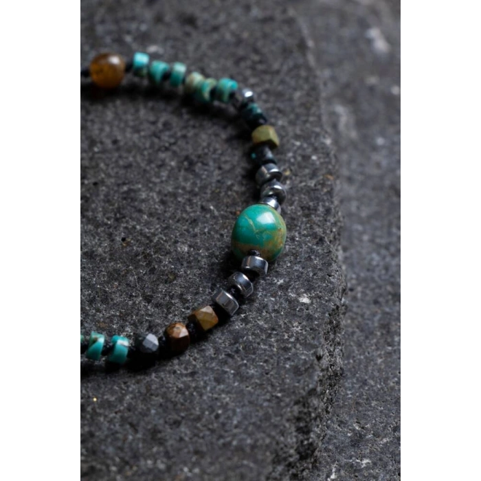 Sertifikalı Hematit-Afrika Furize (Turkuaz) Doğal Taş Bileklik Gümüş Aparatlı SK: 036