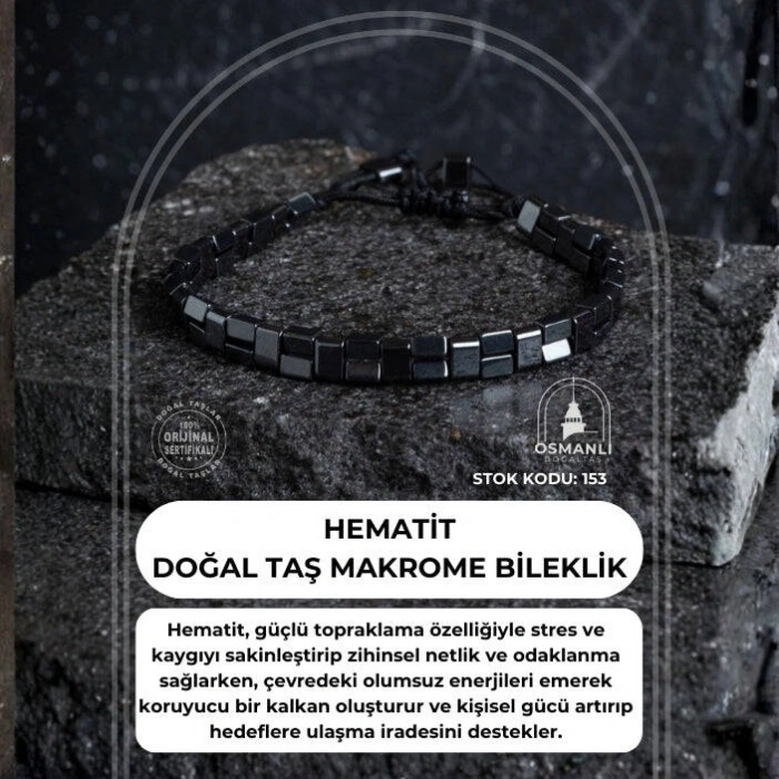 Sertifikalı Hematit Doğal Taş Makrome Bileklik (SK:153)