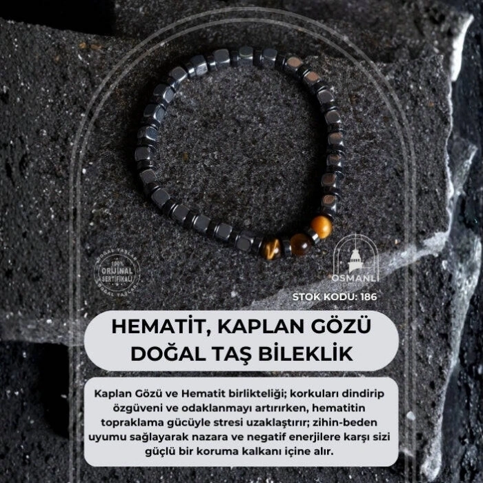 Sertifikalı Hematit, Kaplan Gözü Doğal Taş Bileklik (SK:186)