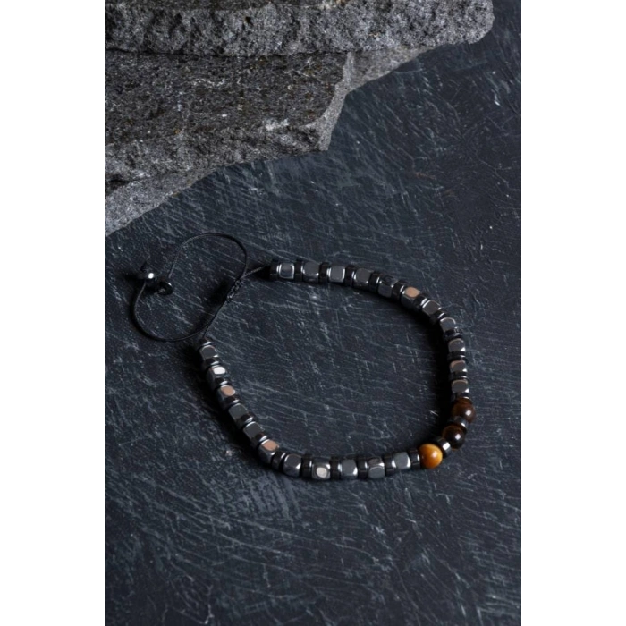 Sertifikalı Hematit, Kaplan Gözü Doğal Taş Makrome Bileklik (SK:183)