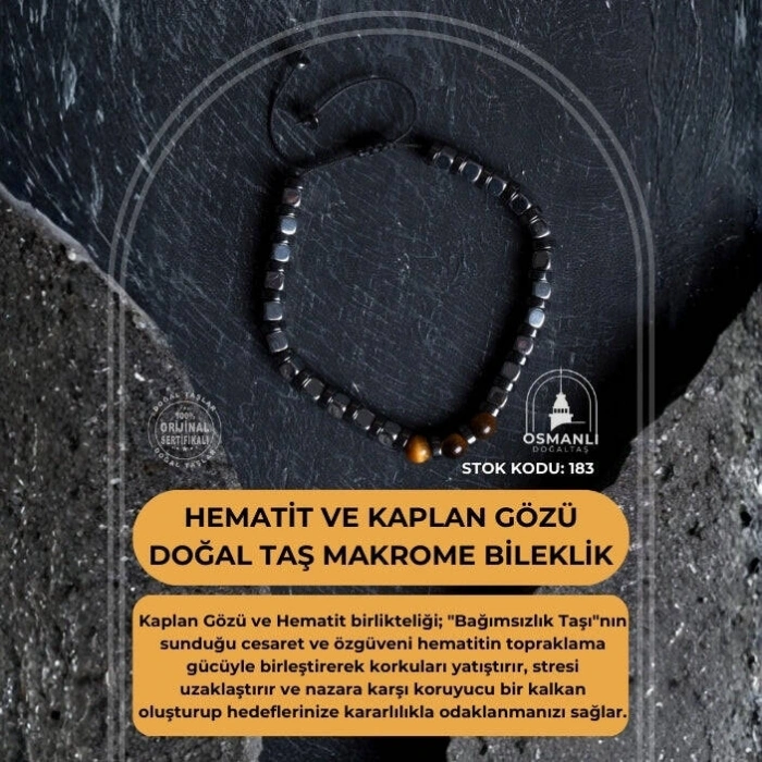 Sertifikalı Hematit, Kaplan Gözü Doğal Taş Makrome Bileklik (SK:183)
