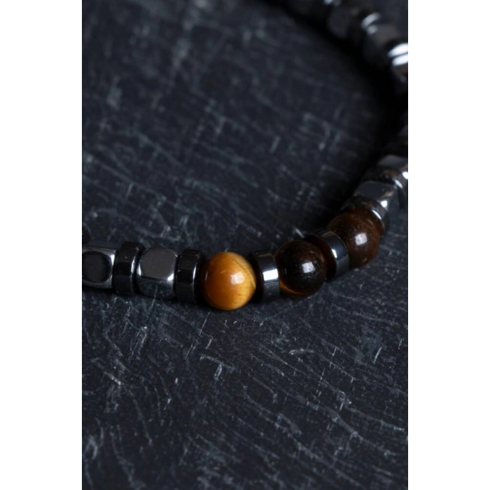 Sertifikalı Hematit, Kaplan Gözü Doğal Taş Makrome Bileklik (SK:183)