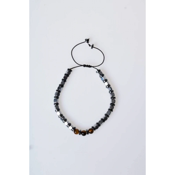 Sertifikalı Hematit, Kaplan Gözü Doğal Taş Makrome Bileklik (SK:183)