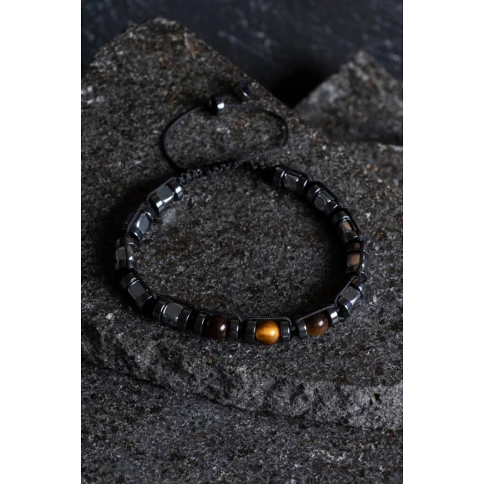 Sertifikalı Hematit, Kaplan Gözü Doğal Taş Makrome Bileklik (SK:184)