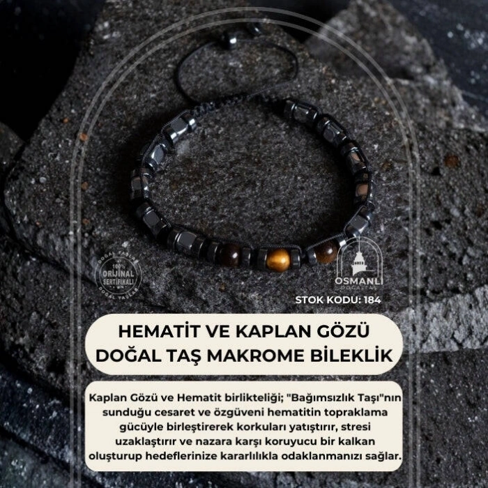 Sertifikalı Hematit, Kaplan Gözü Doğal Taş Makrome Bileklik (SK:184)