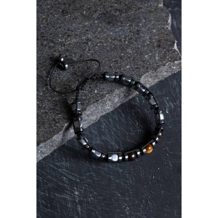 Sertifikalı Hematit, Kaplan Gözü Doğal Taş Makrome Bileklik (SK:184)