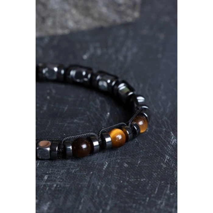 Sertifikalı Hematit, Kaplan Gözü Doğal Taş Makrome Bileklik (SK:184)