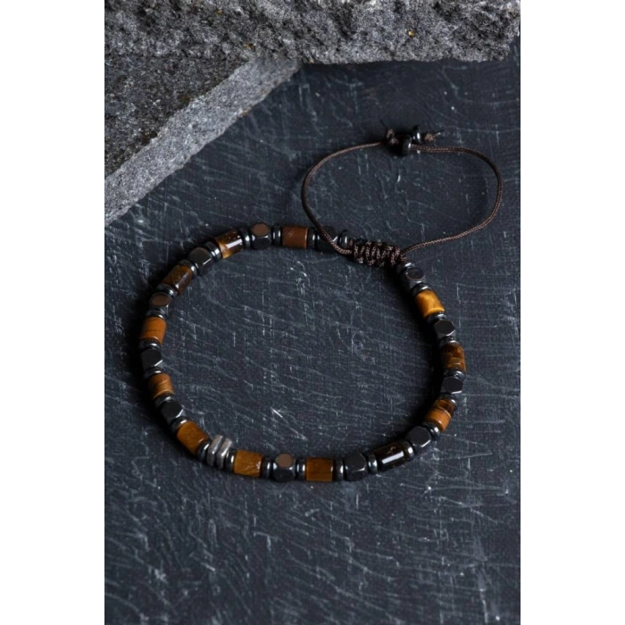 Sertifikalı Hematit, Kaplan Gözü Gümüş Aparatlı Doğal Taş Makrome Bileklik (SK:188)