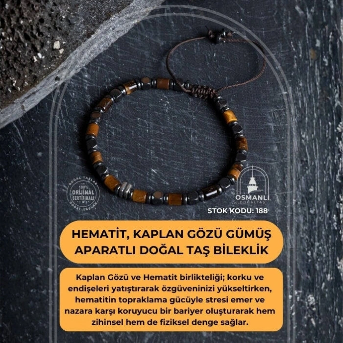 Sertifikalı Hematit, Kaplan Gözü Gümüş Aparatlı Doğal Taş Makrome Bileklik (SK:188)