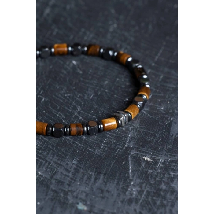 Sertifikalı Hematit, Kaplan Gözü Gümüş Aparatlı Doğal Taş Makrome Bileklik (SK:188)