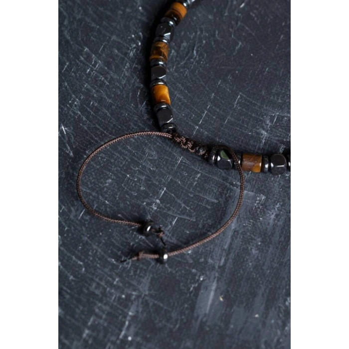 Sertifikalı Hematit, Kaplan Gözü Gümüş Aparatlı Doğal Taş Makrome Bileklik (SK:188)