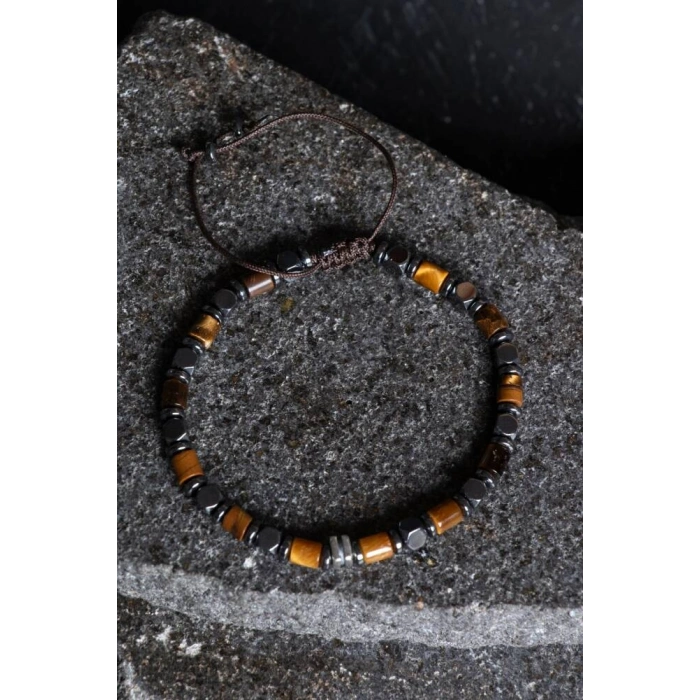 Sertifikalı Hematit, Kaplan Gözü Gümüş Aparatlı Doğal Taş Makrome Bileklik (SK:188)