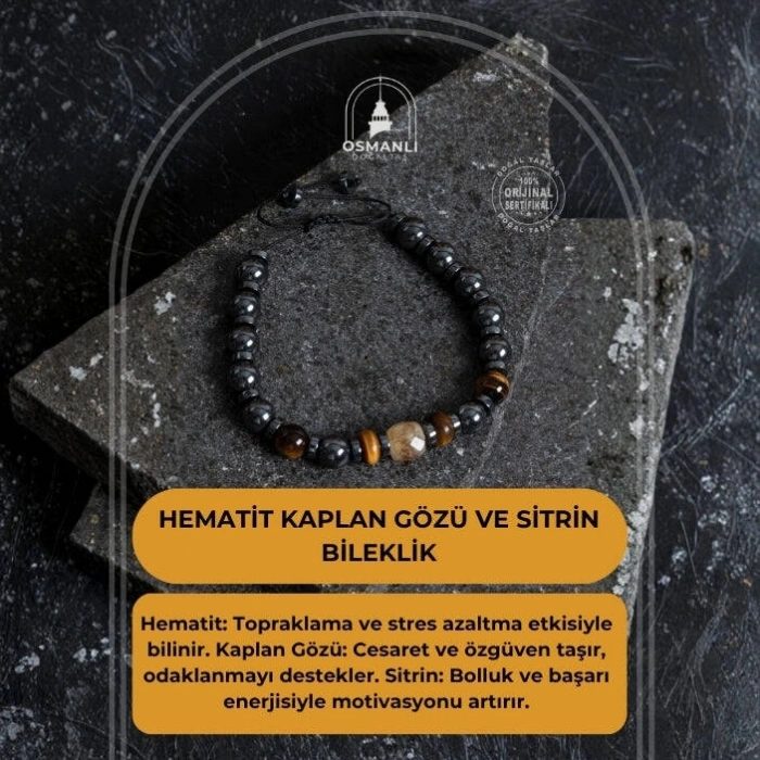 Sertifikalı Hematit Kaplan Gözü ve Sitrin Bileklik