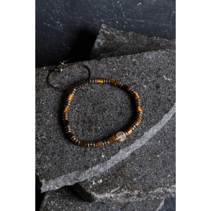 Sertifikalı Hematit, Kaplan Gözü ve Sitrin Doğal Taş Makrome Bileklik (SK:187)