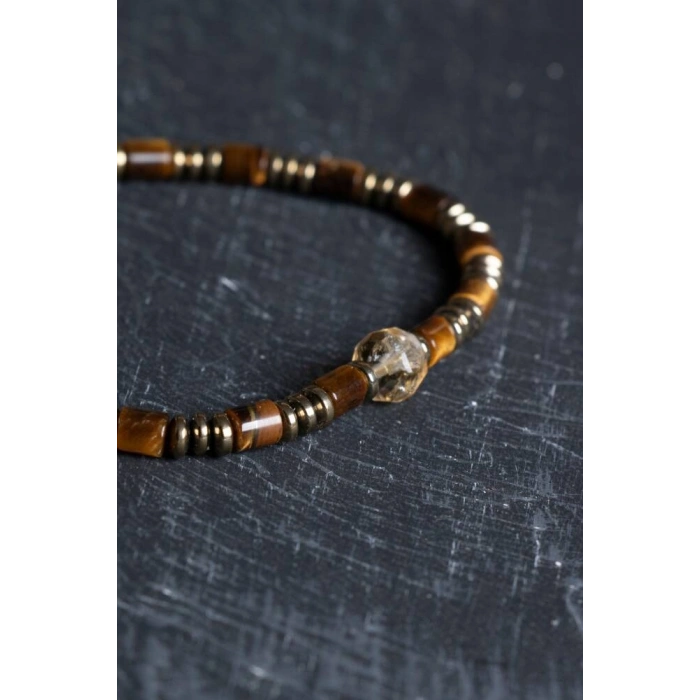 Sertifikalı Hematit, Kaplan Gözü ve Sitrin Doğal Taş Makrome Bileklik (SK:187)