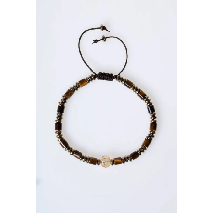 Sertifikalı Hematit, Kaplan Gözü ve Sitrin Doğal Taş Makrome Bileklik (SK:187)