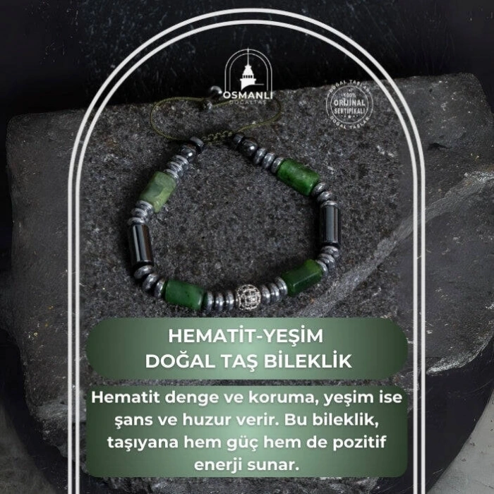 Sertifikalı Hematit ve Yeşim Doğal Taş Bileklik
