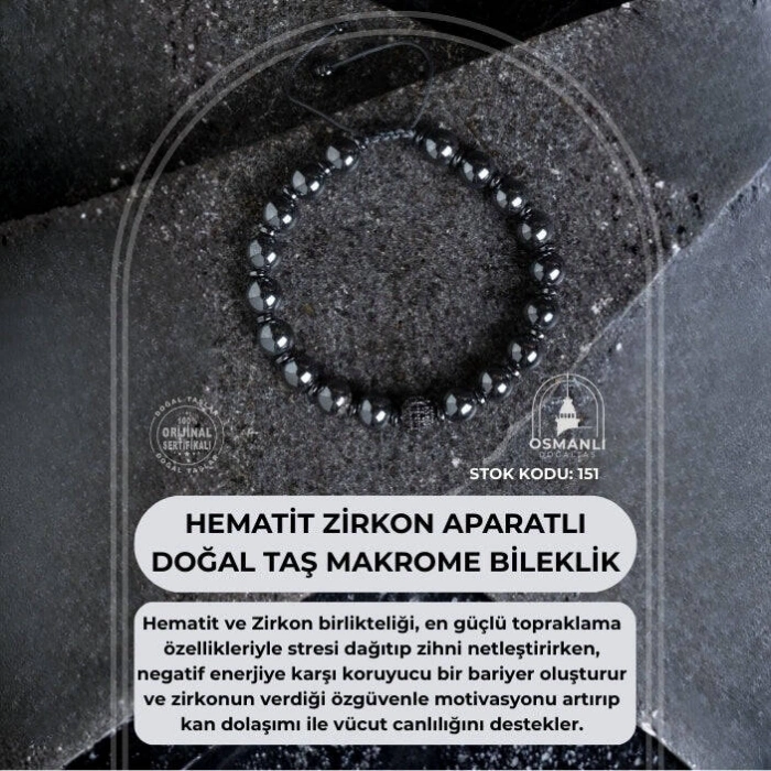 Sertifikalı Hematit Zirkon Aparatlı Doğal Taş Makrome Bileklik (SK:151)