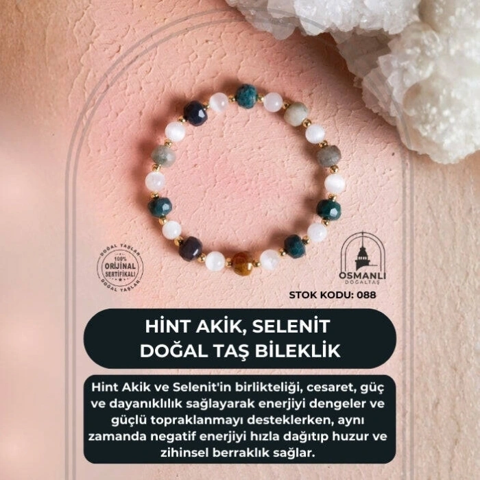 Sertifikalı Hint Akik, Selenit Doğal Taş Bileklik (SK:088)