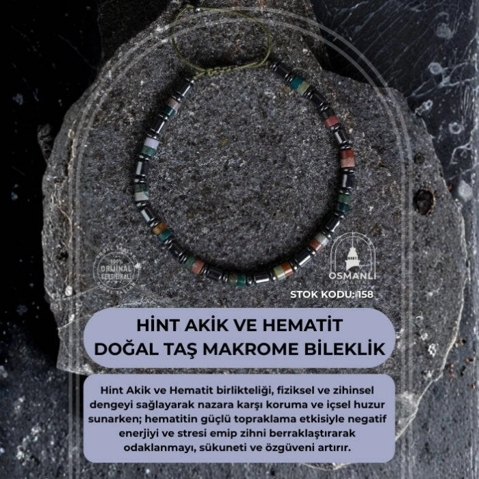 Sertifikalı Hint Akik ve Hematit Doğal Taş Makrome Bileklik (SK:158)