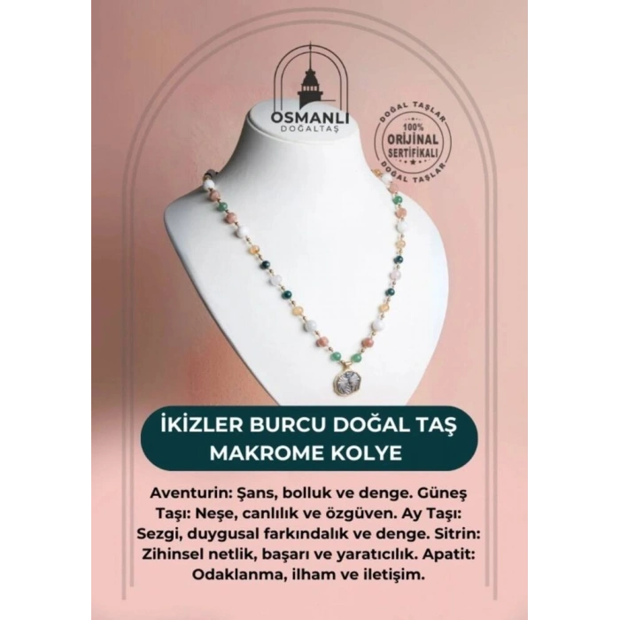 Sertifikalı İkizler Burcu Doğal Taş Makrome Kolye