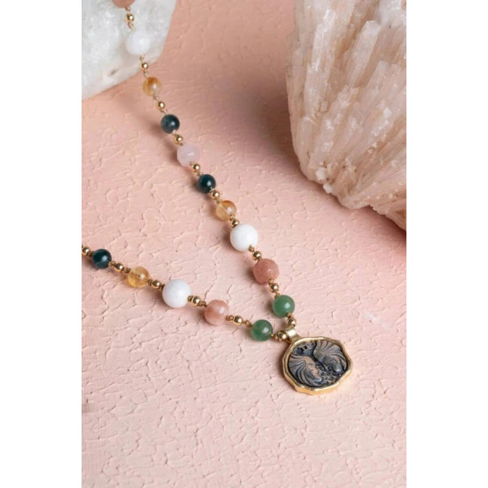 Sertifikalı İkizler Burcu Doğal Taş Makrome Kolye