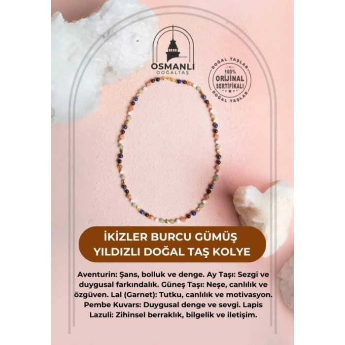 Sertifikalı İkizler Burcu Gümüş Yıldızlı Doğal Taş Kolye
