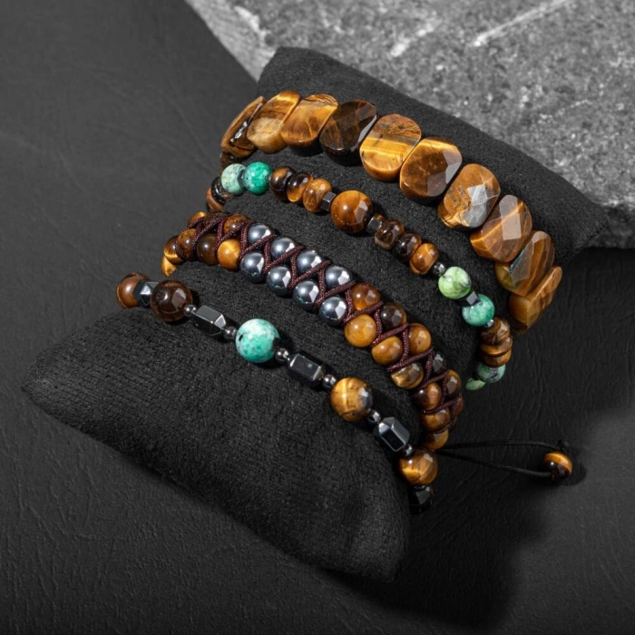 Sertifikalı İnanç ve Azim Doğal Taş Erkek Bileklik Seti