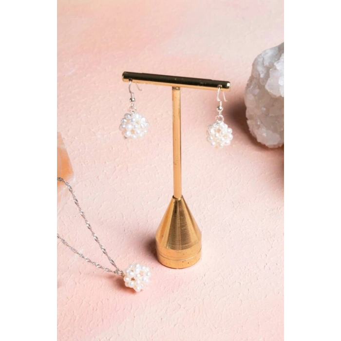 Sertifikalı İnci Doğal Taş Kolye Küpe Set