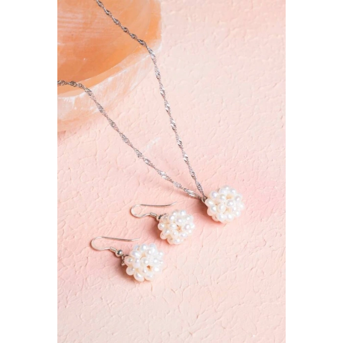 Sertifikalı İnci Doğal Taş Kolye Küpe Set