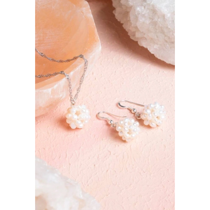 Sertifikalı İnci Doğal Taş Kolye Küpe Set