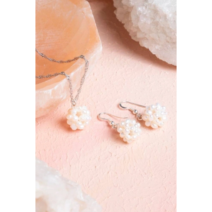 Sertifikalı İnci Doğal Taş Kolye Küpe Set