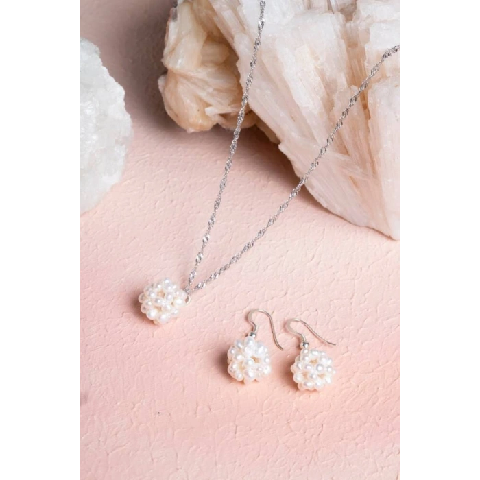 Sertifikalı İnci Doğal Taş Kolye Küpe Set