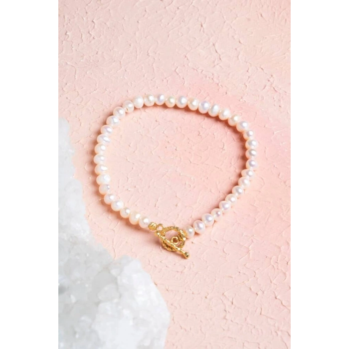 Sertifikalı İnci Gümüş Aparat Altın Kaplama Doğal Taş Bileklik