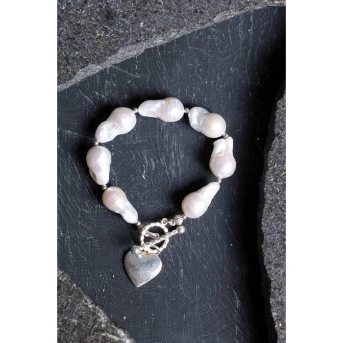 Sertifikalı İnci Gümüş Kalp Aparatlı Doğal Taş Bileklik (SK:235)