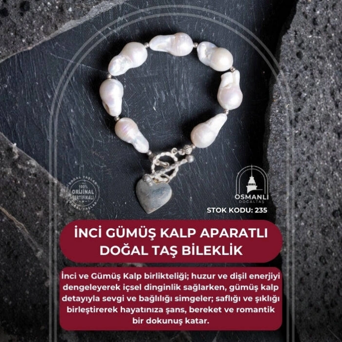 Sertifikalı İnci Gümüş Kalp Aparatlı Doğal Taş Bileklik (SK:235)