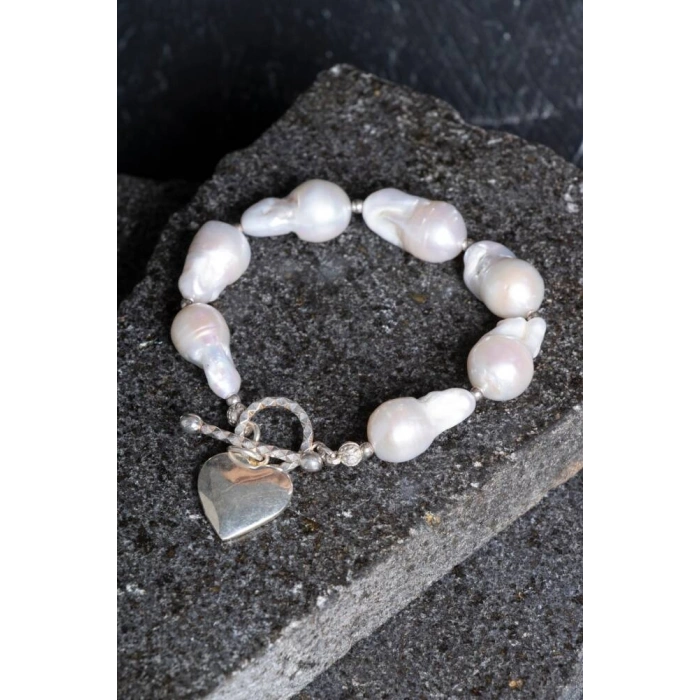 Sertifikalı İnci Gümüş Kalp Aparatlı Doğal Taş Bileklik (SK:235)