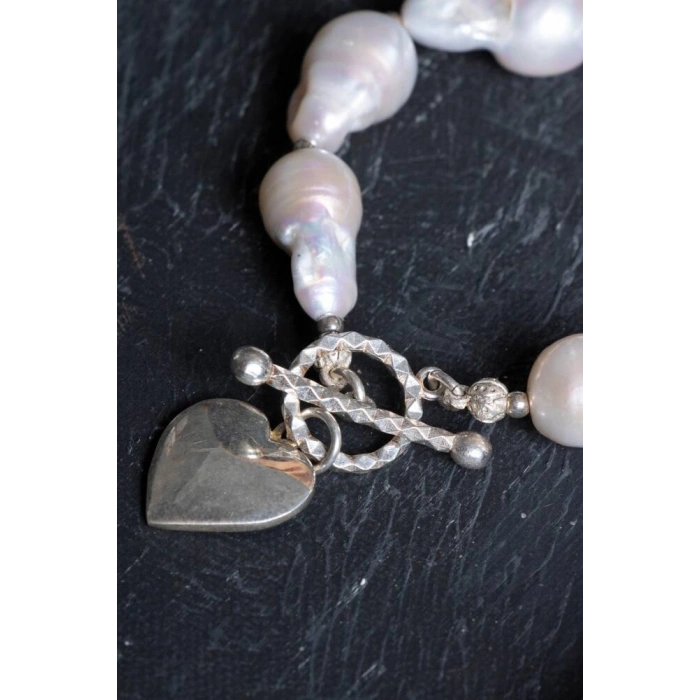 Sertifikalı İnci Gümüş Kalp Aparatlı Doğal Taş Bileklik (SK:235)