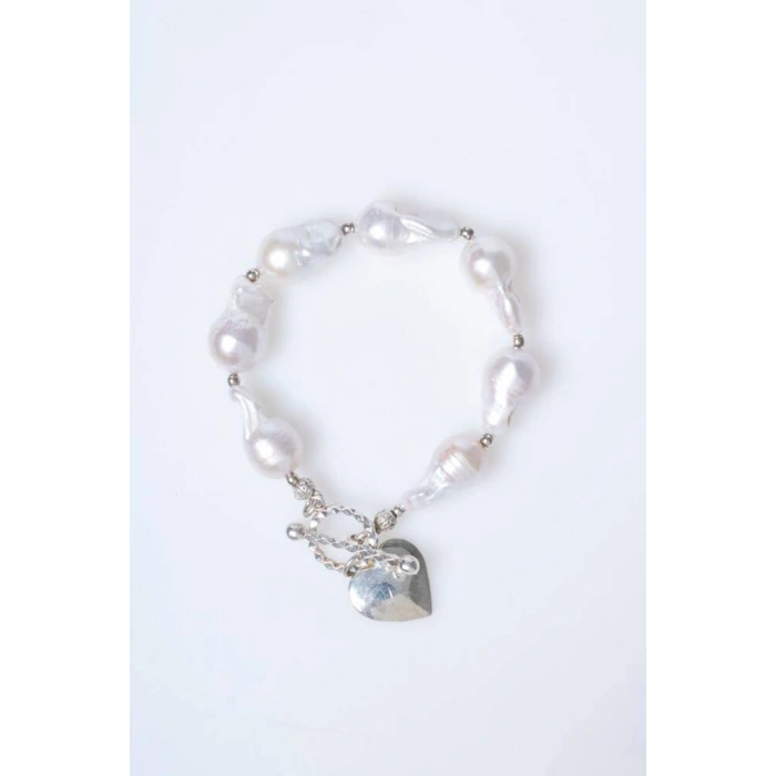 Sertifikalı İnci Gümüş Kalp Aparatlı Doğal Taş Bileklik (SK:235)