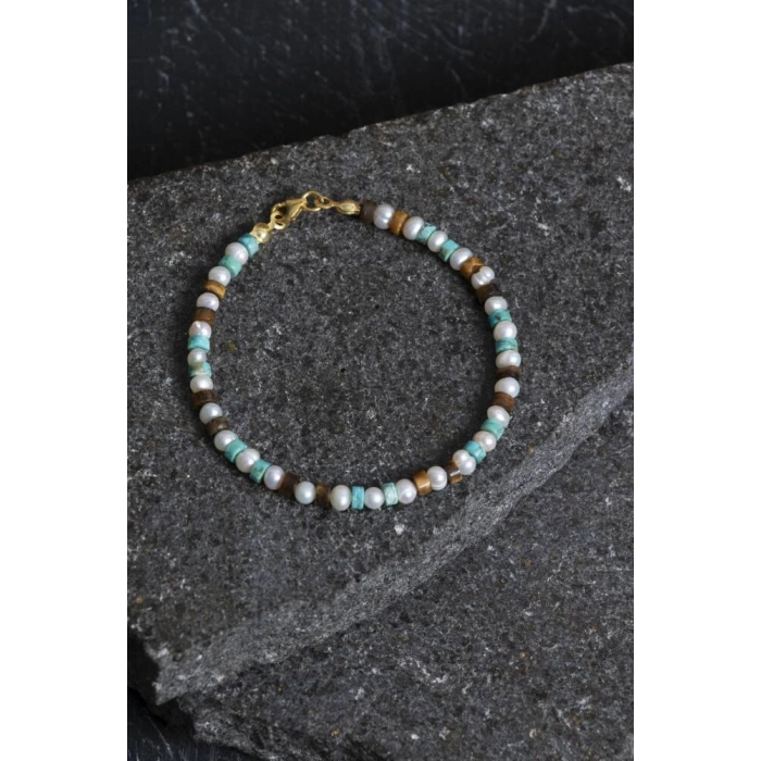 Sertifikalı İnci Kaplan Gözü Turkuaz Gümüş Kapama Doğal Taş Bileklik