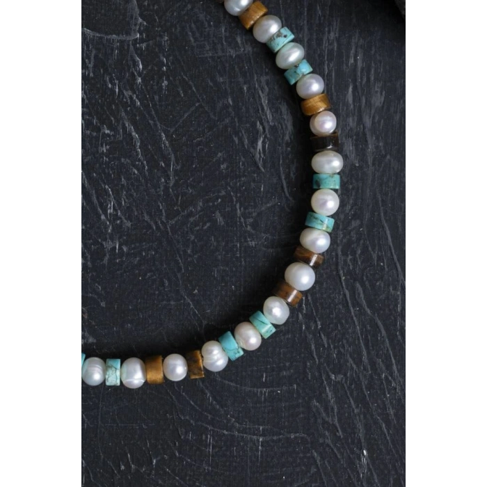 Sertifikalı İnci Kaplan Gözü Turkuaz Gümüş Kapama Doğal Taş Bileklik