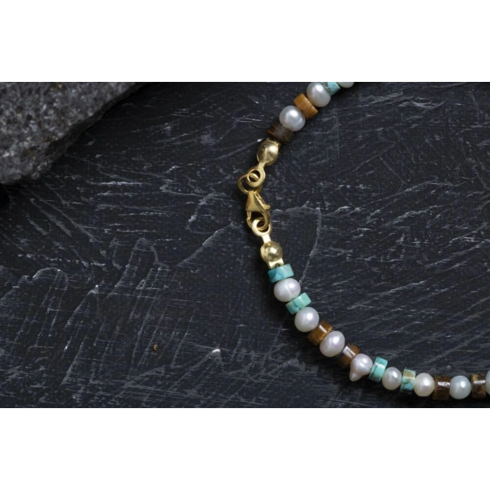 Sertifikalı İnci Kaplan Gözü Turkuaz Gümüş Kapama Doğal Taş Bileklik