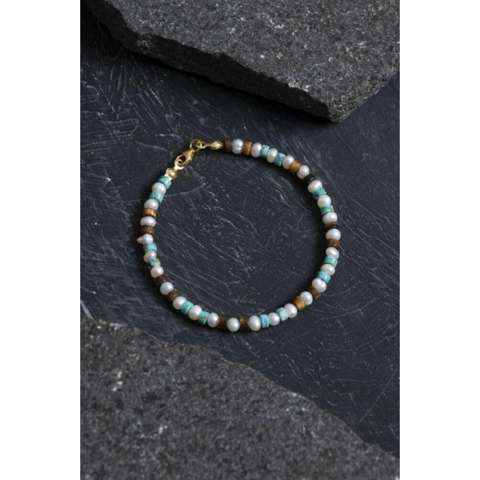 Sertifikalı İnci Kaplan Gözü Turkuaz Gümüş Kapama Doğal Taş Bileklik